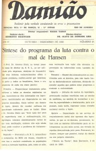 Folha da revista Damião de número 26 de 1956. Uma folha amarelada com o título Damião ao topo em grandes letras pretas e a manchete onde se lê "Síntese do Programa da luta contra o mal de Hansen