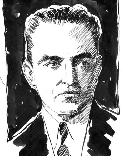 Figura Professor Mello e Souza Figura Professor Mello e Souza em traços de naquin com fundo em tinta preta, retrato do professor olhando para pra frente usando terno, camisa branca e gravata preta