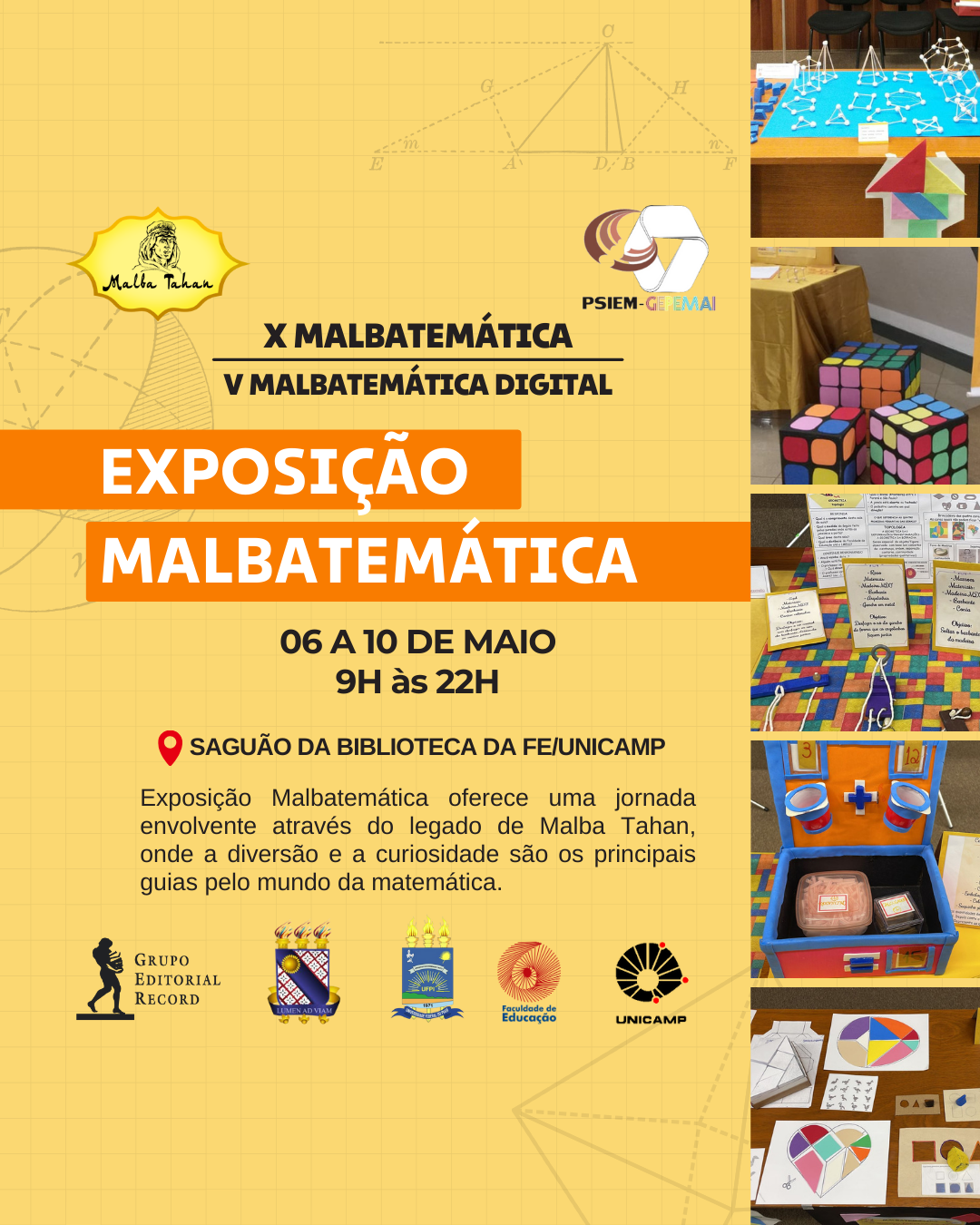 Exposição Malbatemática um imagem amarela com destaques em laranja e fotos das edições anteriores do evento
