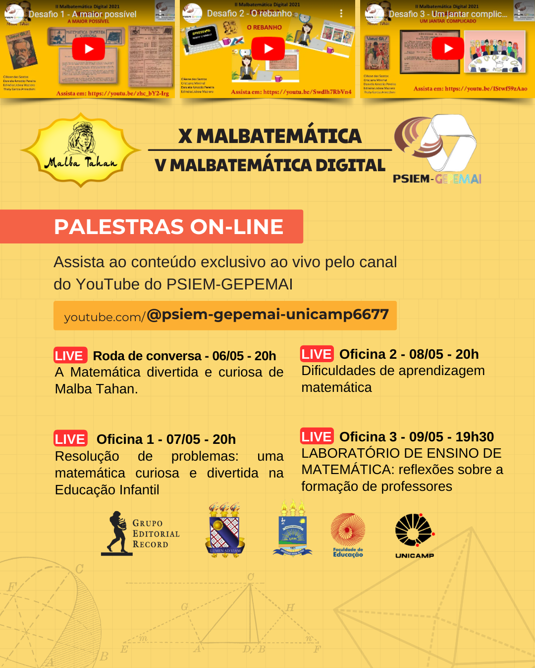 V Malbatemática Digital confira as palestras online, img amarela com thumbnails de vídeos do youtube
