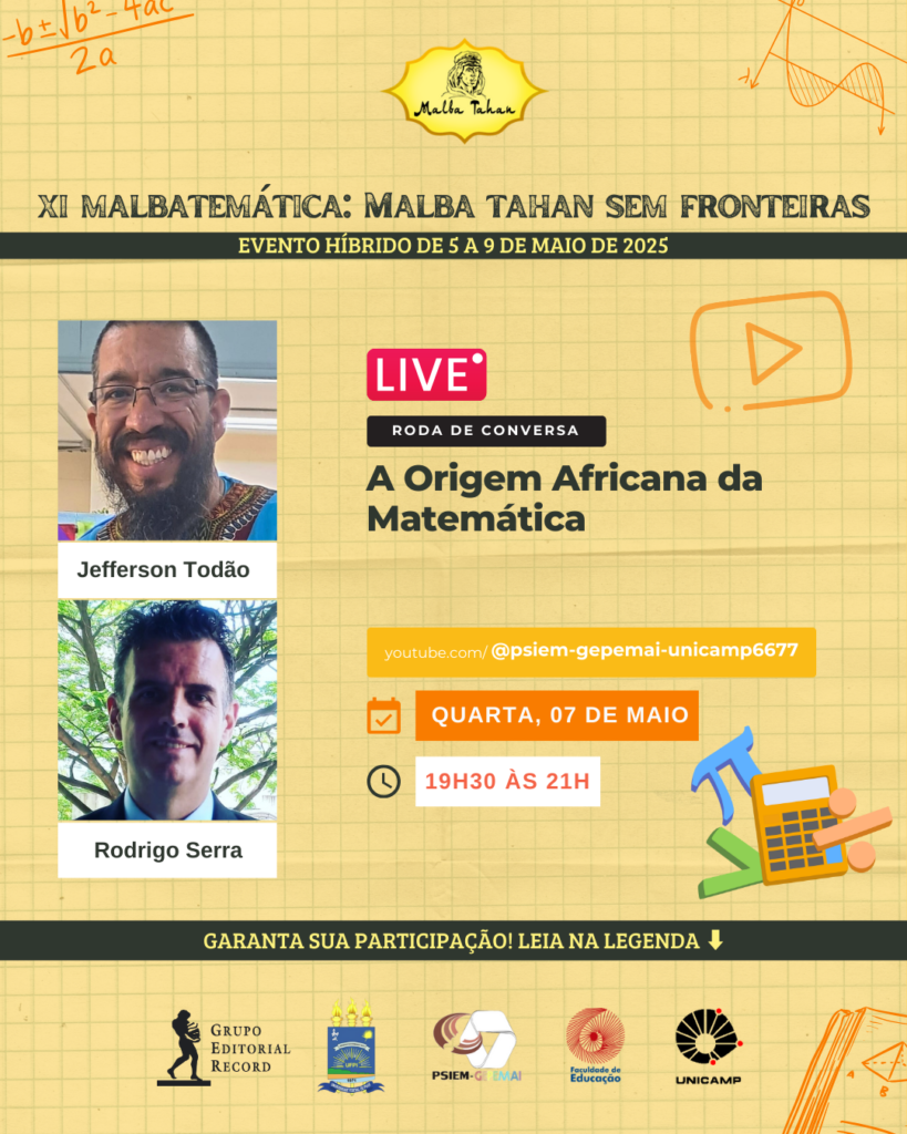 Imagem com fundo amarelo quadriculado e elementos e fórmulas matemáticas, contém fotos dos participantes Jefferson e Rodrigo Serra