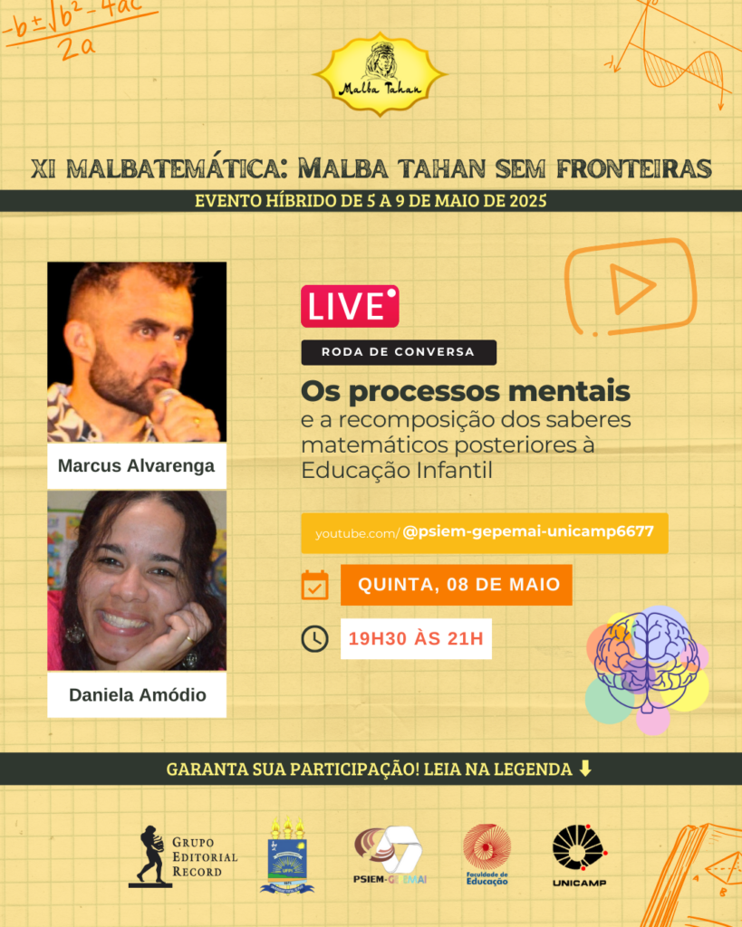 Imagem com fundo amarelo quadriculado e elementos e fórmulas matemáticas, contém fotos dos participantes Marcus Alvarenga e Daniela Amódio