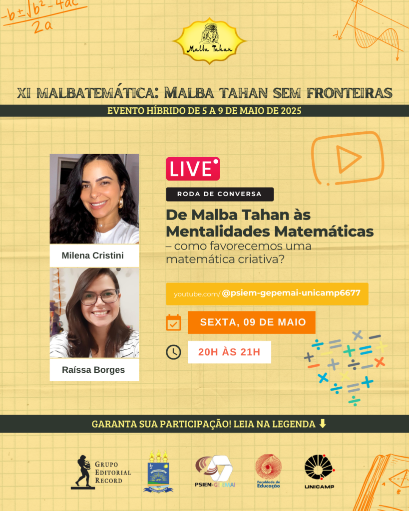 Imagem com fundo amarelo quadriculado e elementos e fórmulas matemáticas, contém fotos das participantes Milena e Raissa
