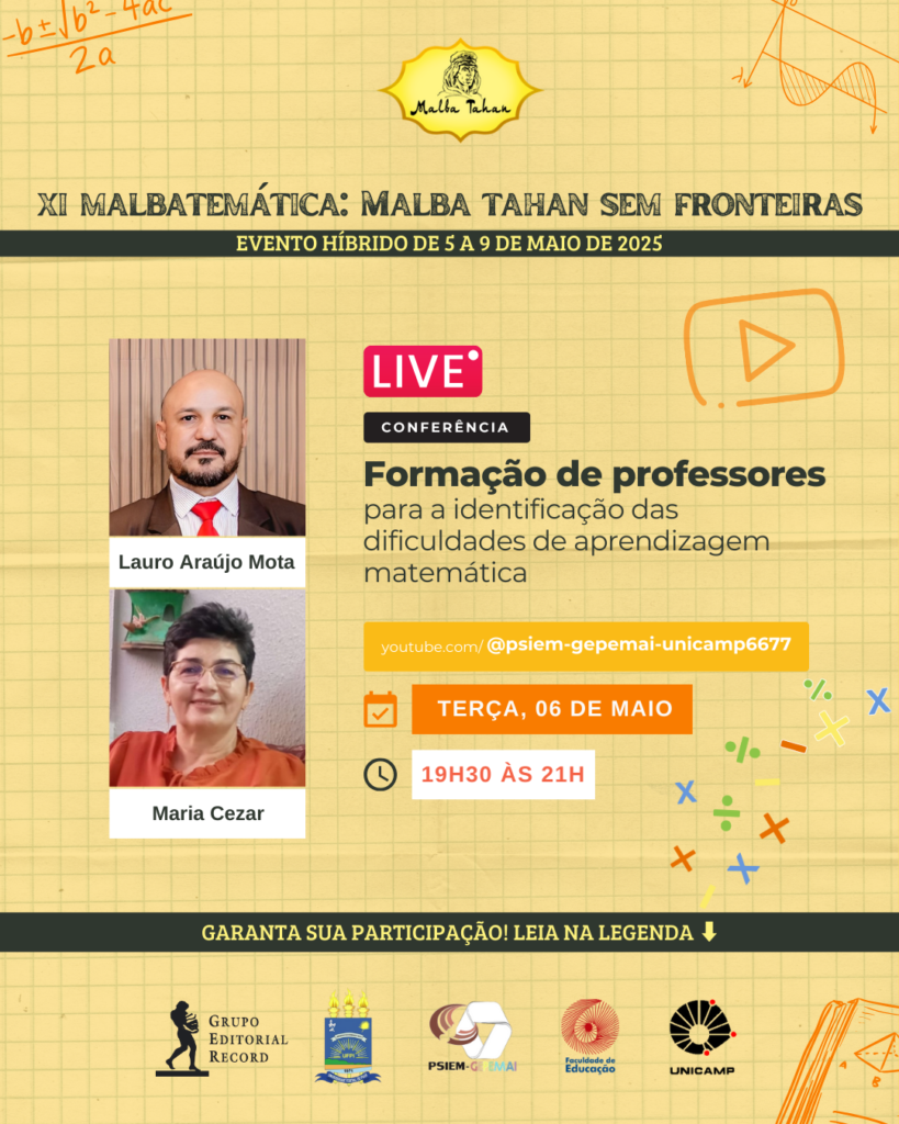 Imagem com fundo amarelo quadriculado e elementos e fórmulas matemáticas, contém fotos dos participantes Lauro e Maria Cezar