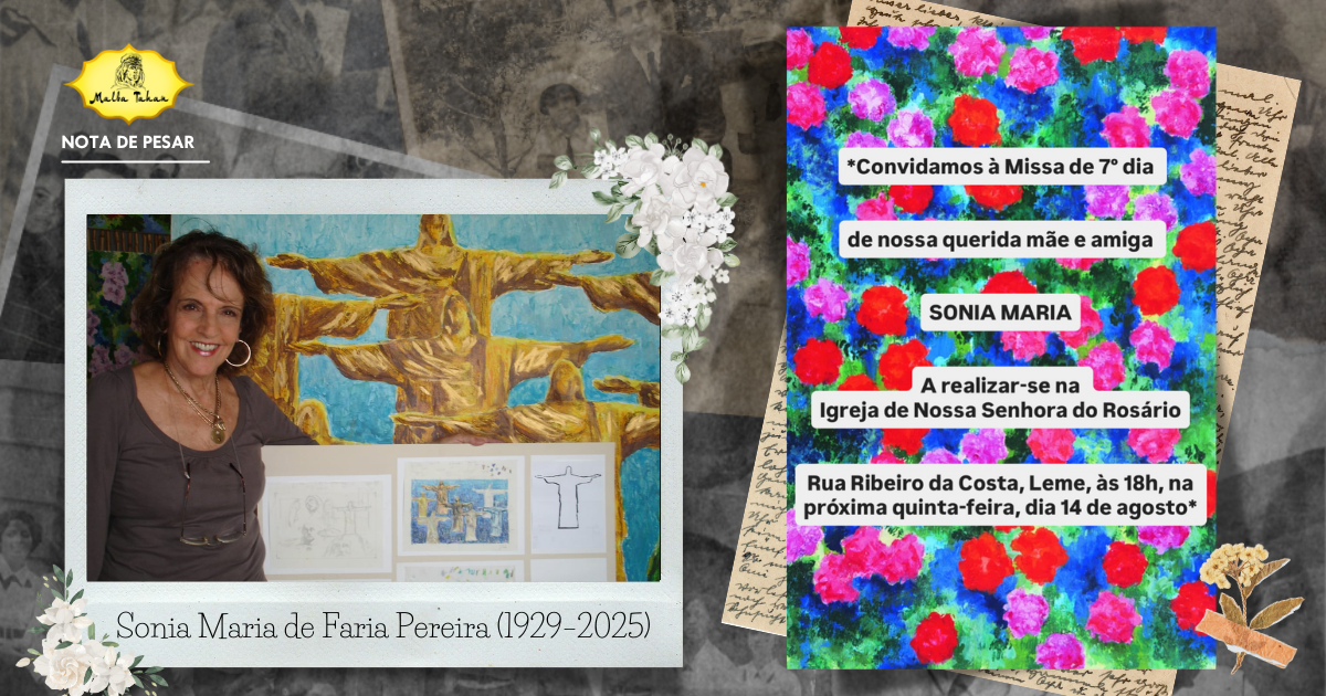 arte de nota de pesar com fundo de fotos antigas, Foto Da Sonia Maria de Faria Pereira ao lado de um quadro com desenhos do cristo redentor q ao lado uma cartão de convite para a missa de 7º dia com fundos de flores coloridas em azul, vermelho, rosa e verde