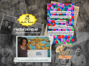 thumbnail de nota de pesar com fundo de fotos antigas, Foto Da Sonia Maria de Faria Pereira ao lado de um quadro com desenhos do cristo redentor q ao lado uma cartão de convite para a missa de 7º dia com fundos de flores coloridas em azul, vermelho, rosa e verde