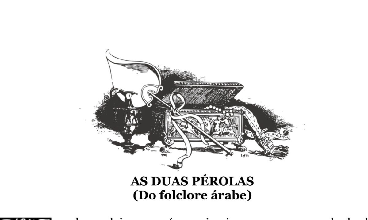 Ilustração de baú de tesouro com título As Duas Pérolas ( Do folclore Árabe)