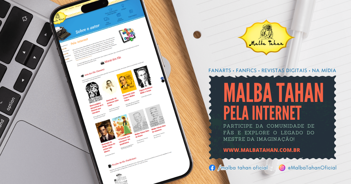 Vista superior de uma mesa com notebook, folhas de caderno e um celular aberto na página Pela Internet, onde aparecem ilustrações feitas por fãs