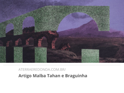 imagem escura, com céu em tons de roxo e montanha e terra arroxeada com arcos de aqueduto em tons marrons avermelhados