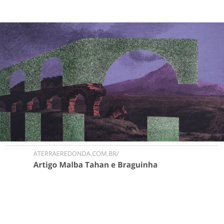 imagem escura, com céu em tons de roxo e montanha e terra arroxeada com arcos de aqueduto em tons marrons avermelhados