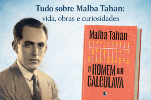 Imagem de capa para blog com fundo claro: à esquerda, retrato em preto e branco de Julio Cesar de Mello e Souza; à direita, a capa do livro “O Homem que Calculava” em tom coral. No topo, o título “Tudo sobre Malba Tahan: vida, obras e curiosidades”.