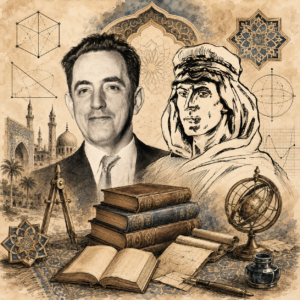 Ilustração em estilo vintage, com tonalidade sépia e traços finos que lembram gravura antiga. A composição apresenta, à esquerda, o retrato de um homem de aparência ocidental em traje formal, e, à direita, a figura de um sábio árabe com vestes tradicionais e expressão serena. Ao fundo, há elementos de arquitetura islâmica, como arcos e cúpulas, além de padrões geométricos ornamentais. Livros, instrumentos de estudo e símbolos matemáticos estão distribuídos pela cena, criando uma atmosfera de conhecimento, cultura e investigação científica. Dia da matemática